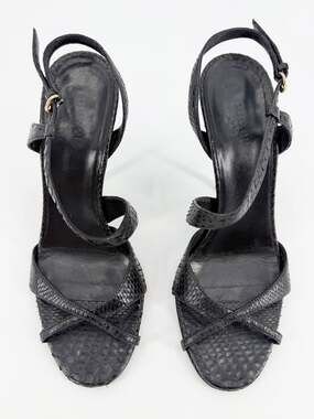 Gucci Sandals Heels Vintage Black Leather Python Snakeskin Strappy Size 37.5
